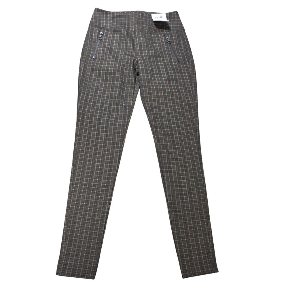 Vylette High Rise Ponte Leggings Womens Size M Brown Plaid Skinny Pocket Zip NWT